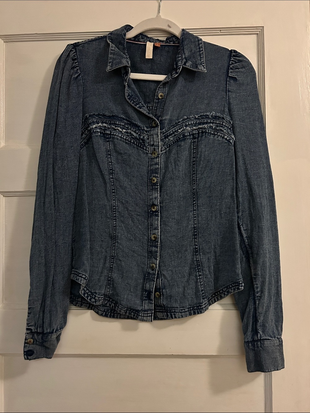 Anthropologie Blue Denim Button-Down Shirt with Subtle Yoke